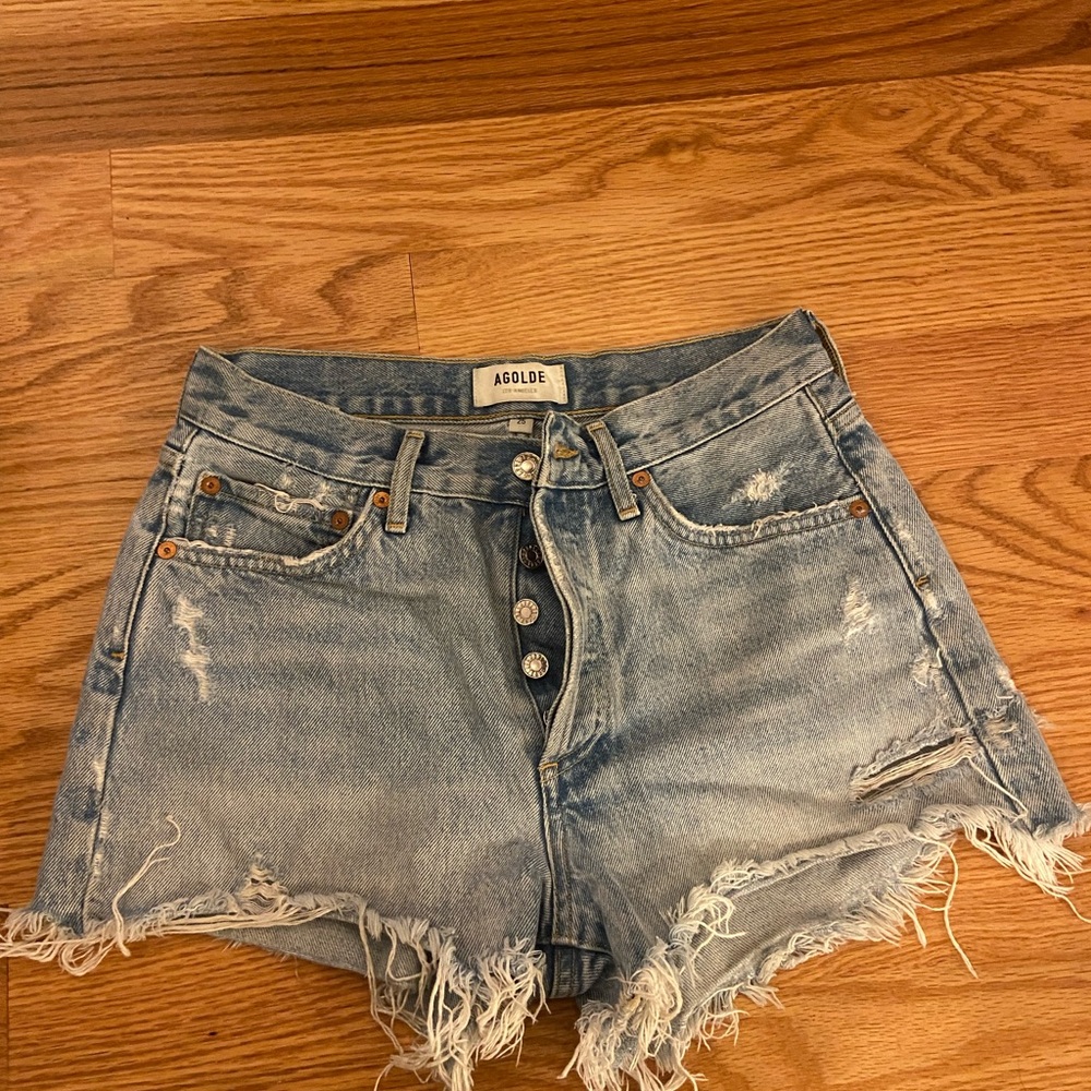Agolde Blue Distressed Jean Shorts Frayed Hem